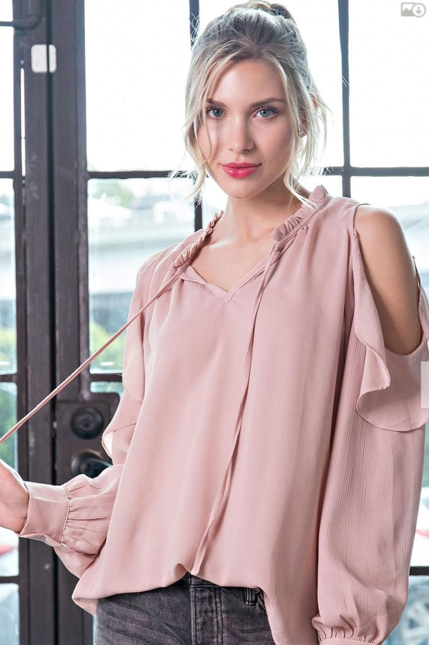 RUFFLE COLD SHOULDER LONG SLEEVE BLOUSE TOP