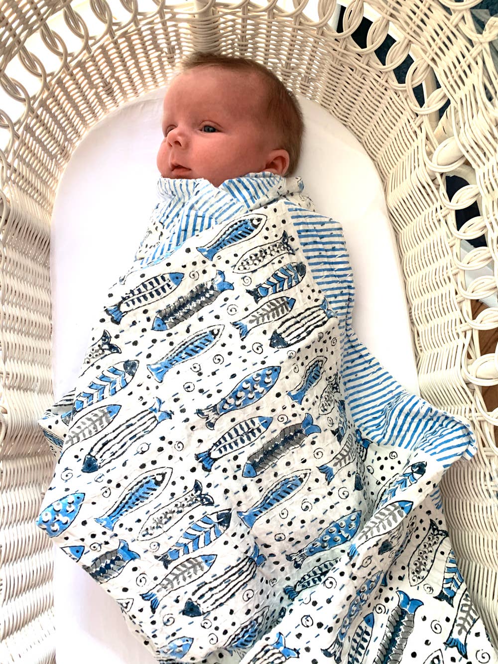 Block Printed Kantha Baby Blanket - Fish Print