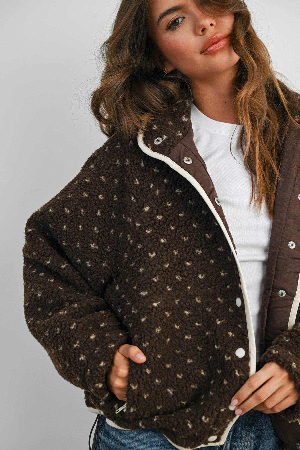 The Fern Dot Sherpa Fleece Snap Jacket-BMJ7831
