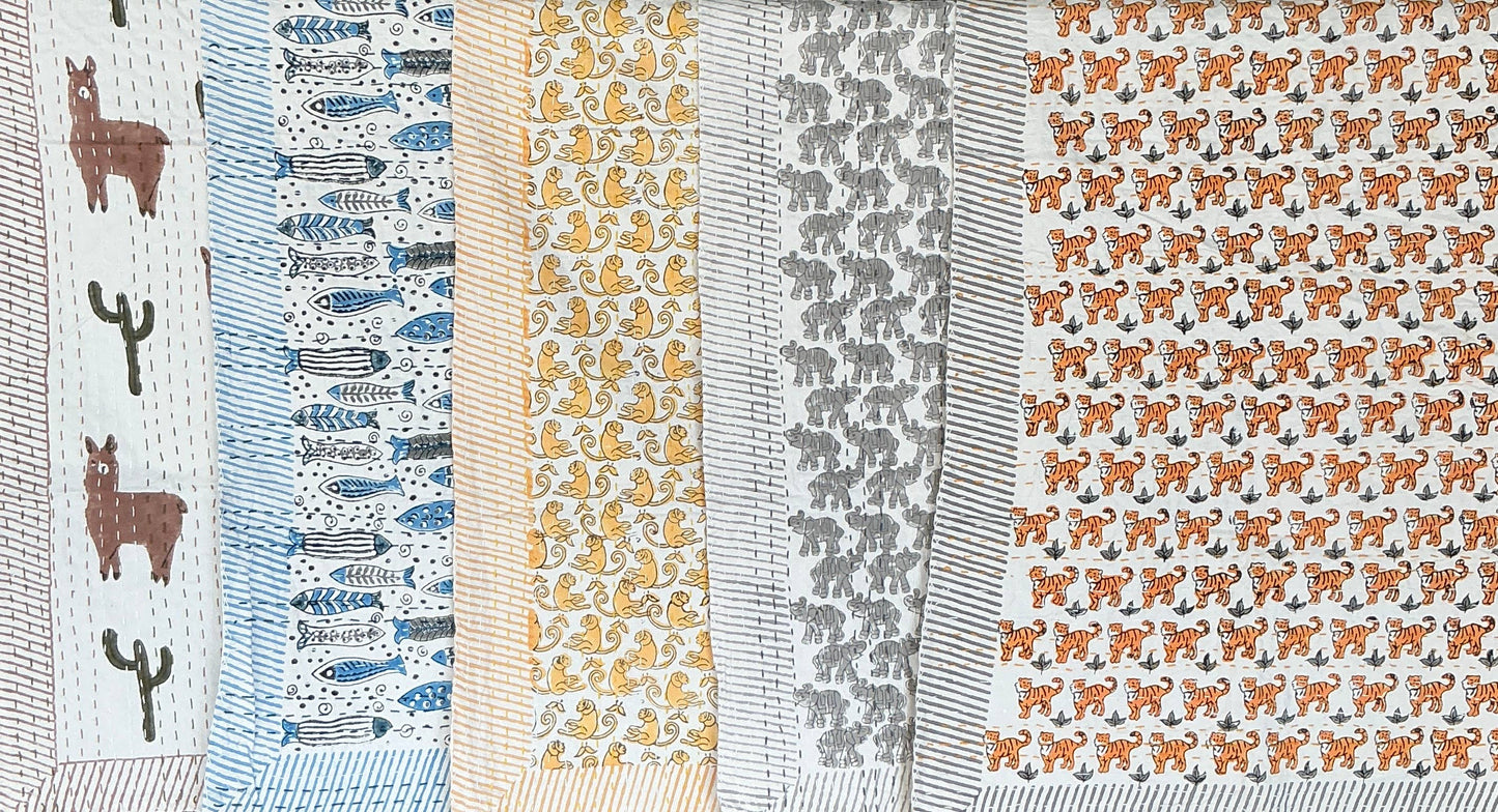 Block Printed Kantha Baby Blanket - Fish Print