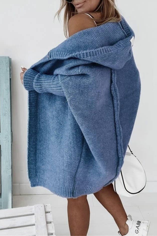Plain exposed seam Hooded knit long cardigan coat