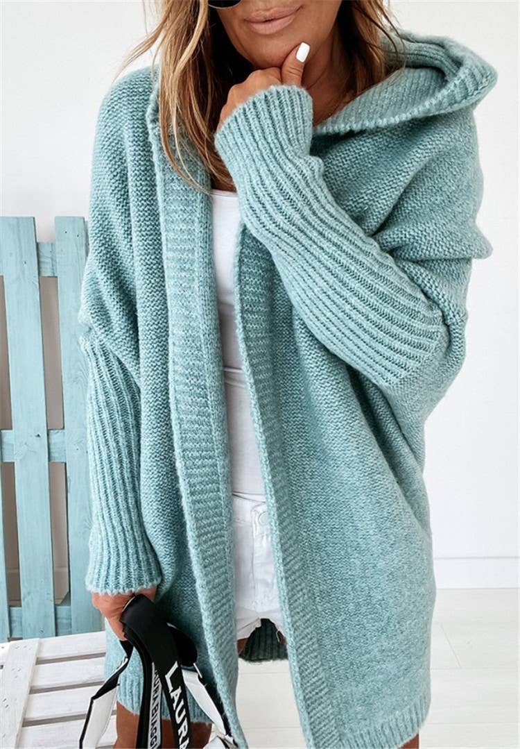 Plain exposed seam Hooded knit long cardigan coat