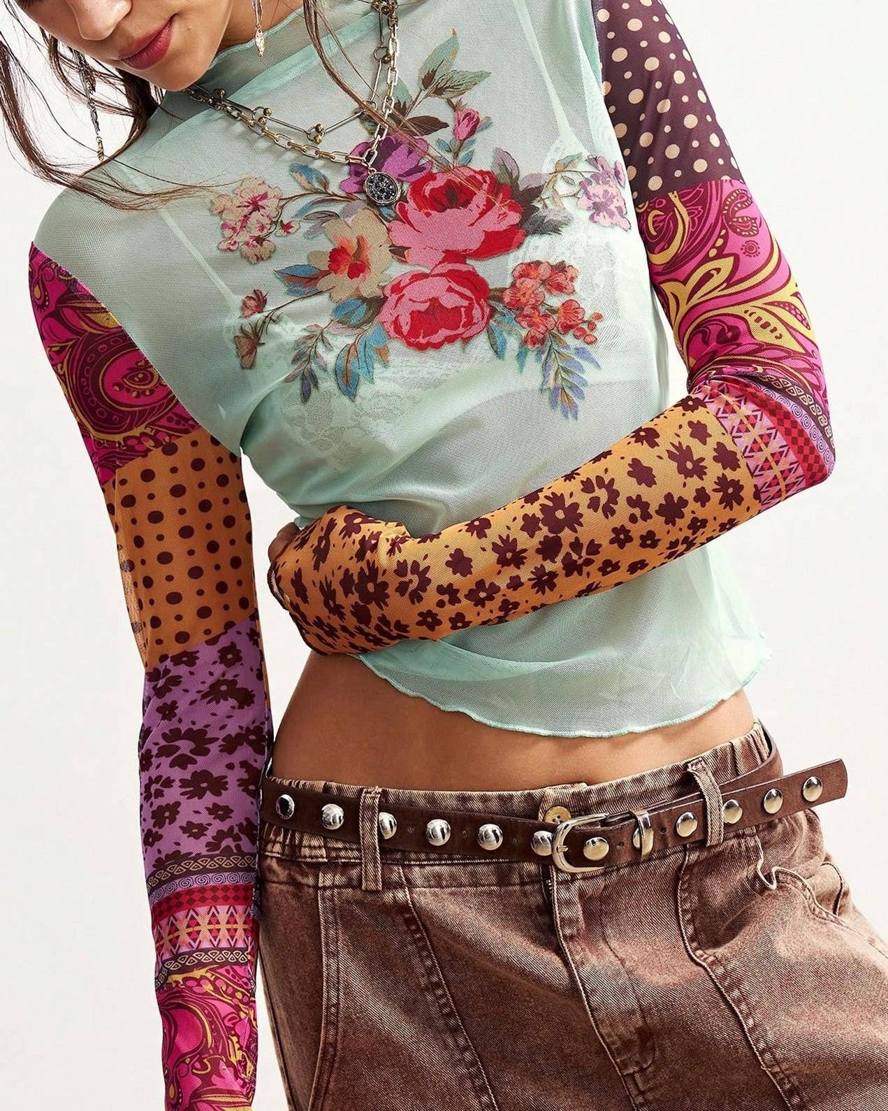 Bohemian Colorblock Floral Print Mesh Sexy Blouse