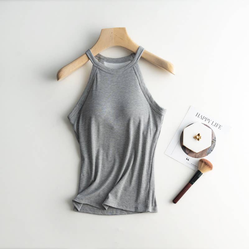 Regular basic halter neck shelf bra rib tank top