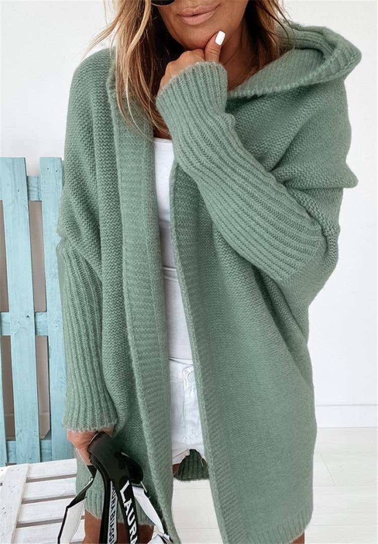 Plain exposed seam Hooded knit long cardigan coat