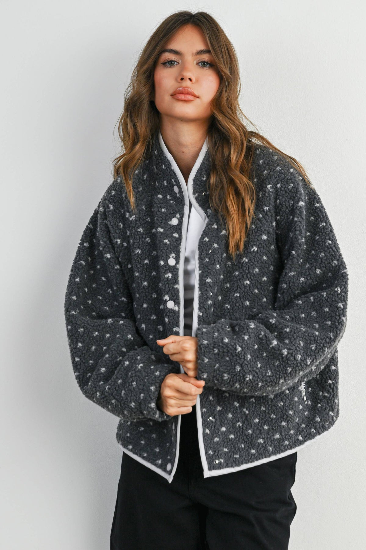 The Fern Dot Sherpa Fleece Snap Jacket-BMJ7831