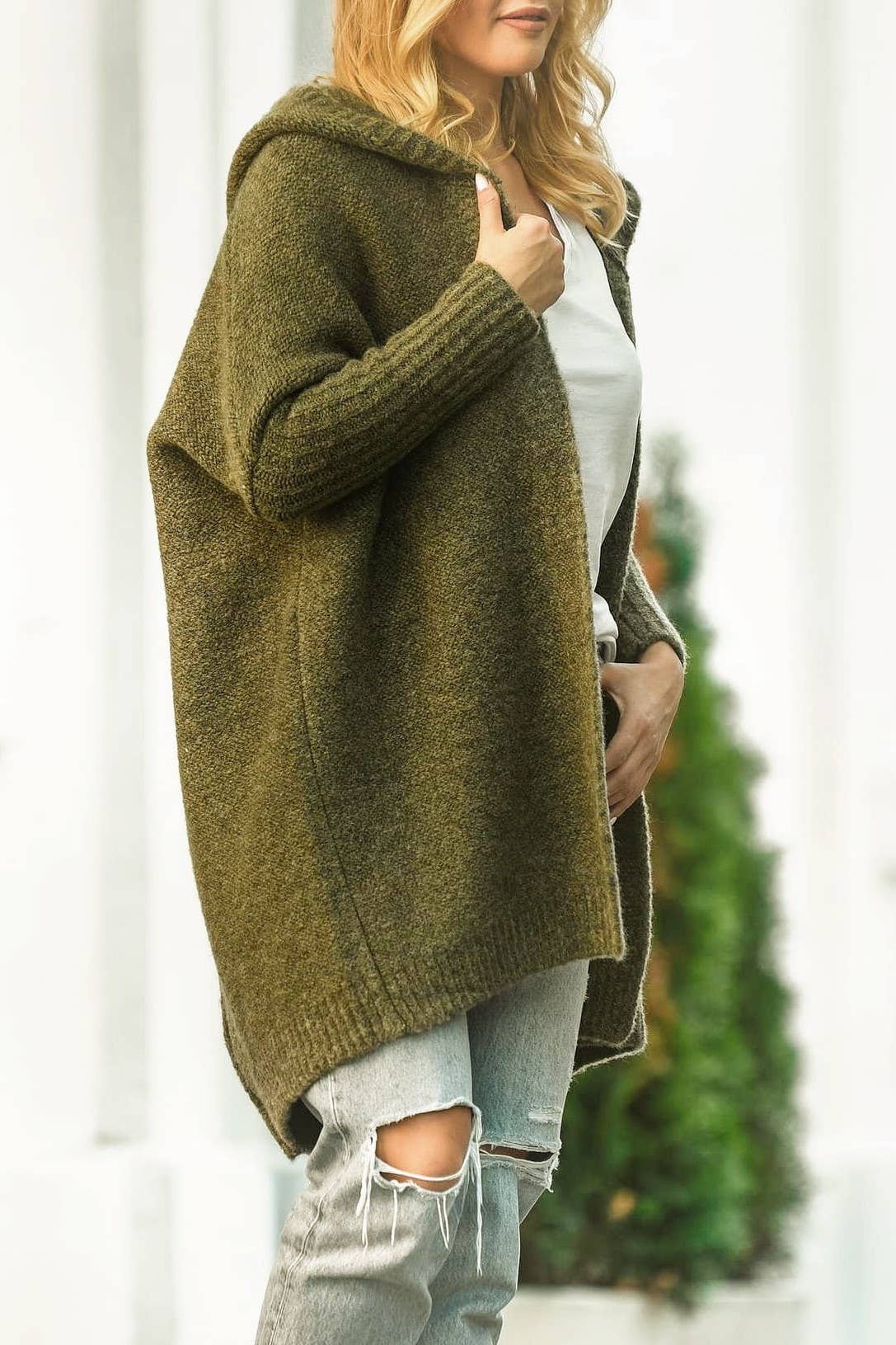Plain exposed seam Hooded knit long cardigan coat