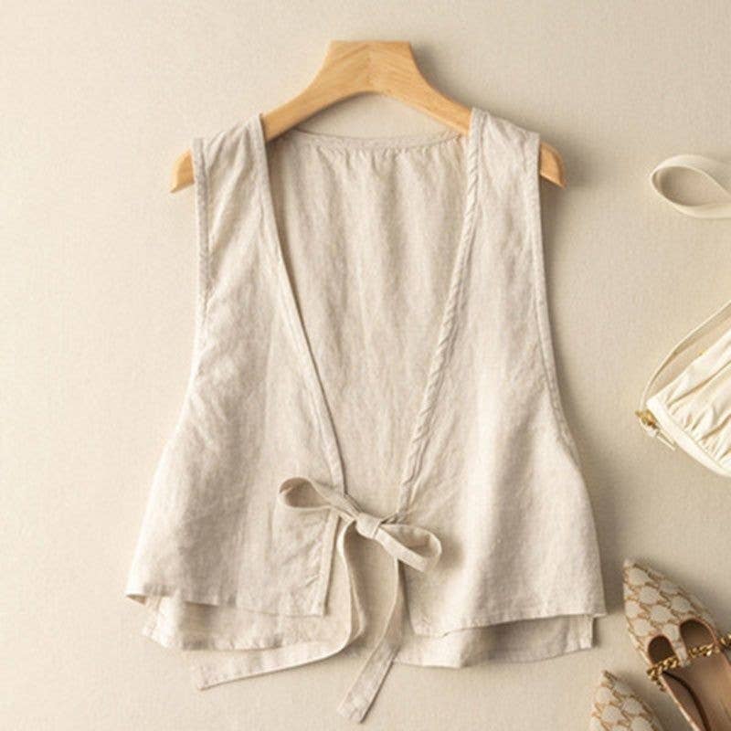 Lightweight cotton blend tie-front cardigan vest