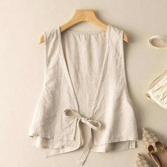 Lightweight cotton blend tie-front cardigan vest