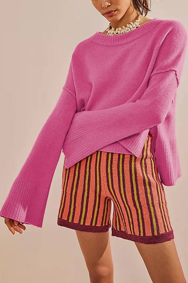 Slouchy plain flare sleeve knit sweater jumper