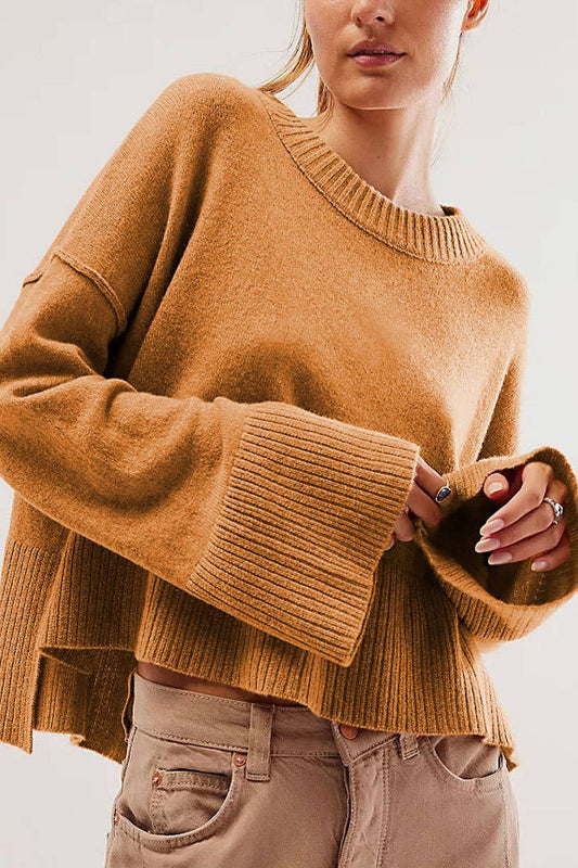 Slouchy plain flare sleeve knit sweater jumper