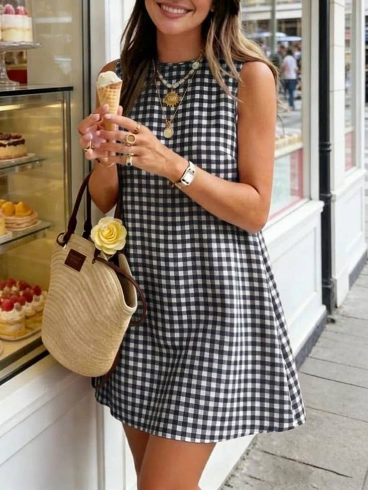 Cotton Blend Gingham Mini Shift Dress Little Summer Dress