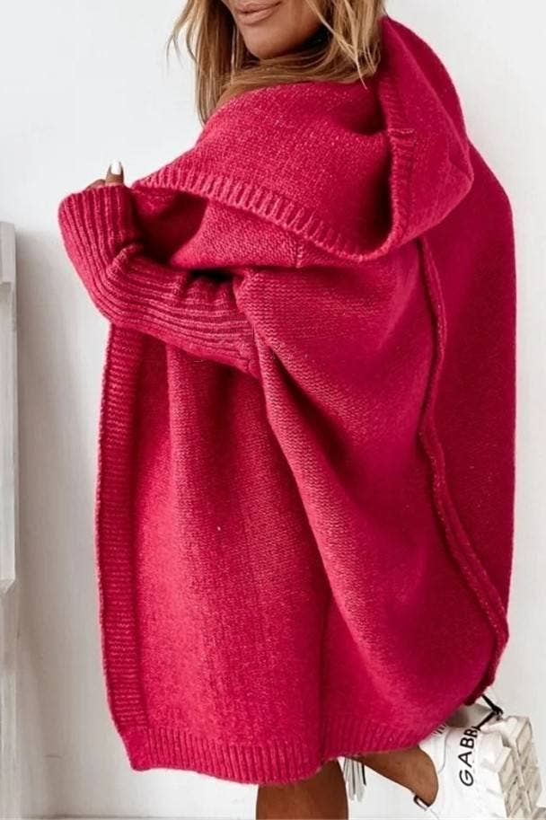 Plain exposed seam Hooded knit long cardigan coat