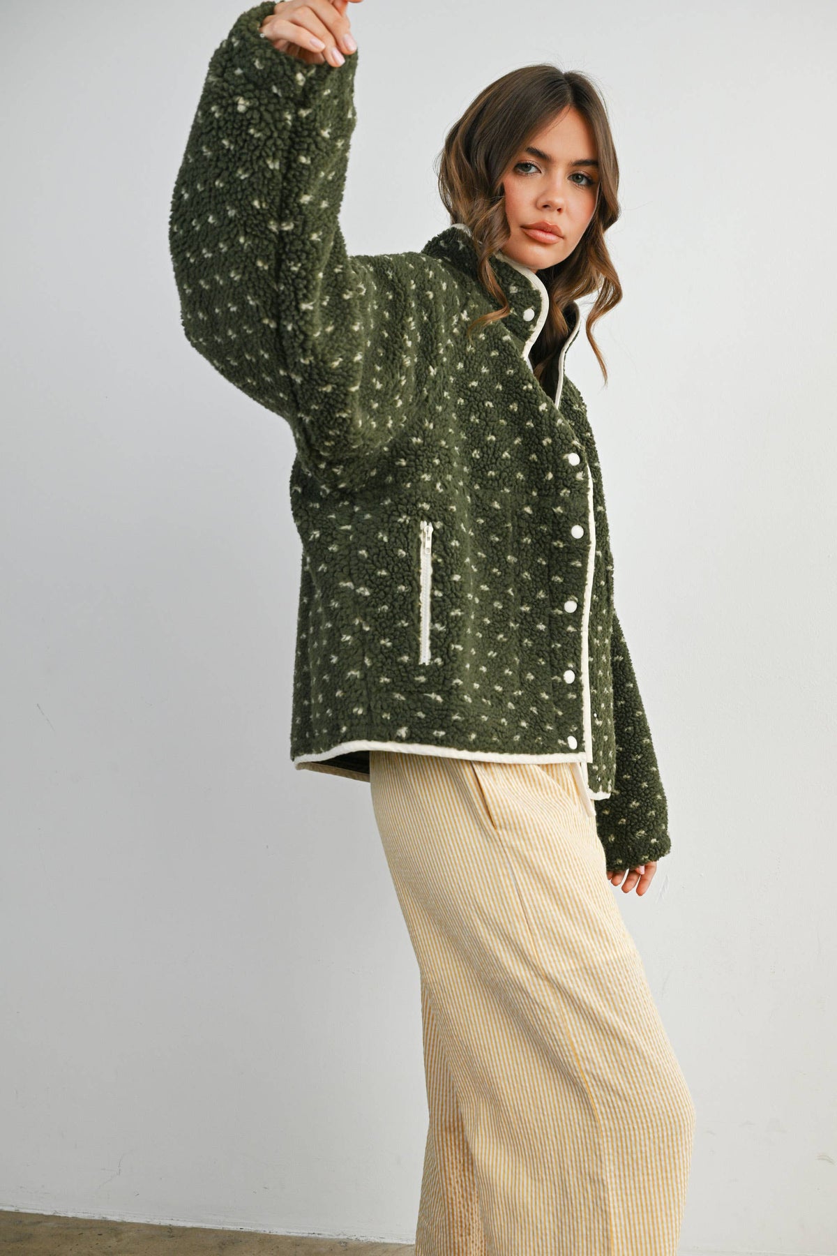 The Fern Dot Sherpa Fleece Snap Jacket-BMJ7831