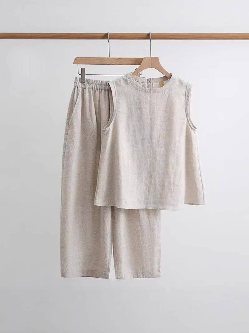 Lightweight Airy Cotton Linen Effect Boxy Crewneck Tank Top