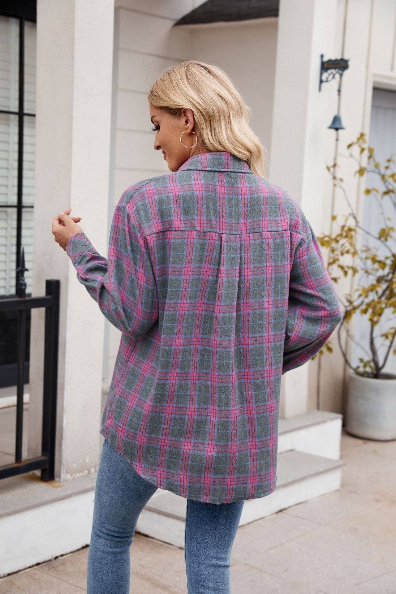 Women's Pink Gray Plaid Flannel Button-Down Shirt