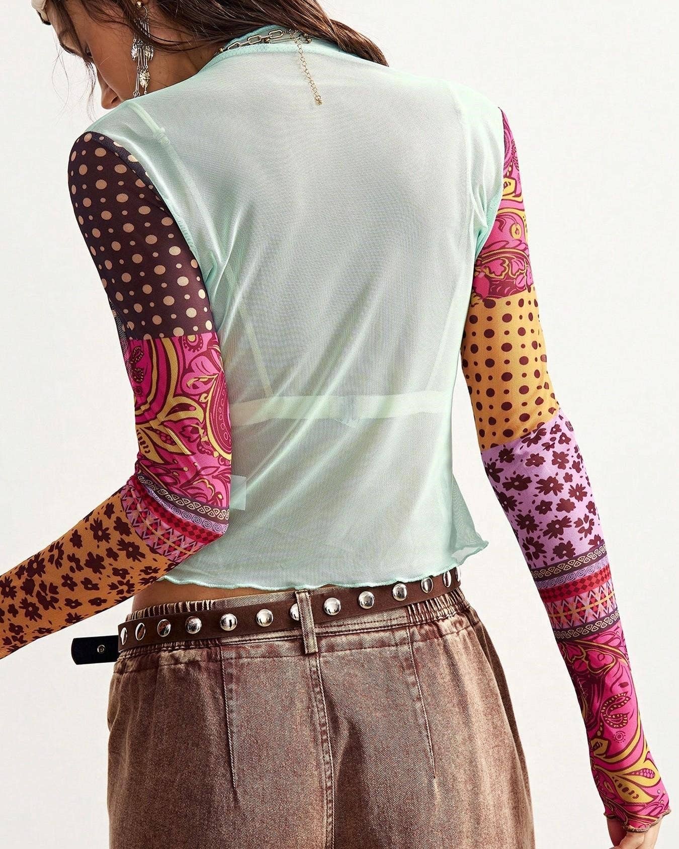 Bohemian Colorblock Floral Print Mesh Sexy Blouse