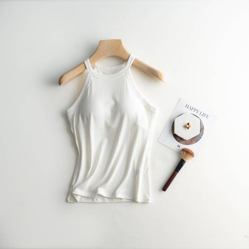 Regular basic halter neck shelf bra rib tank top