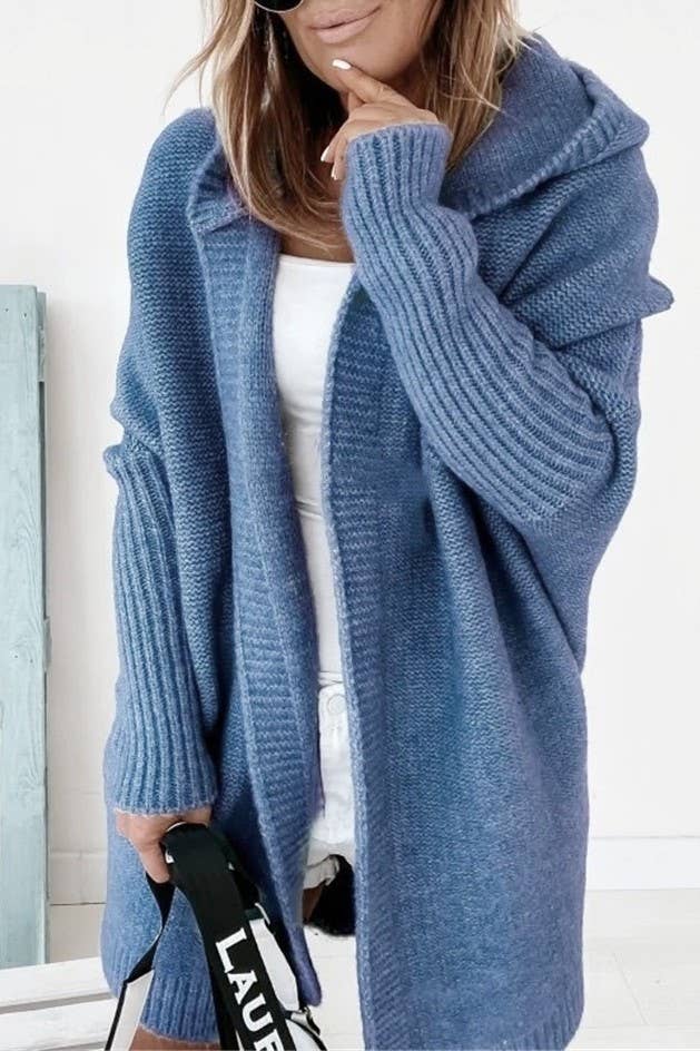 Plain exposed seam Hooded knit long cardigan coat
