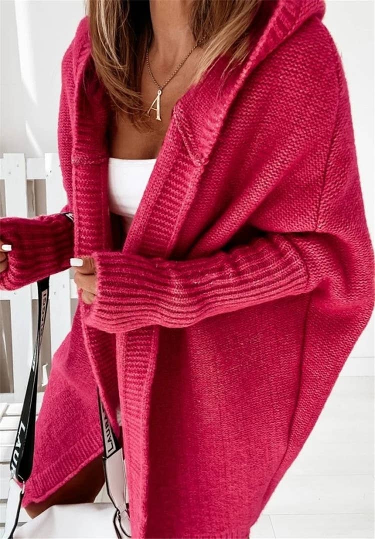 Plain exposed seam Hooded knit long cardigan coat