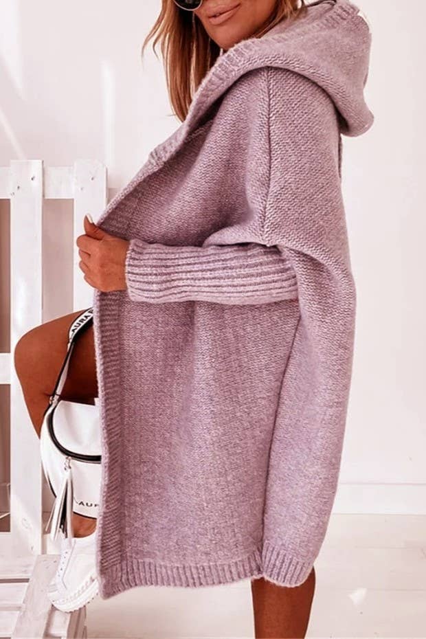 Plain exposed seam Hooded knit long cardigan coat