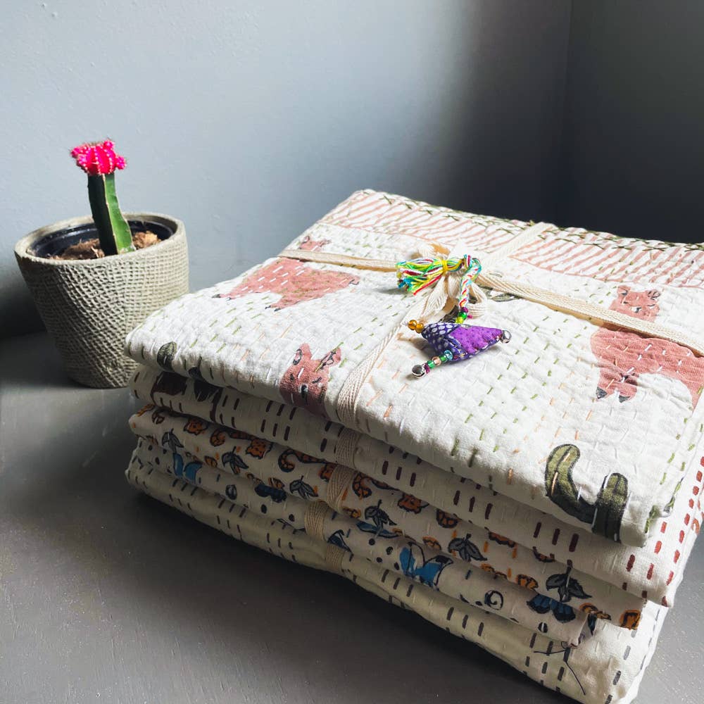 Block Printed Kantha Baby Blanket - Fish Print