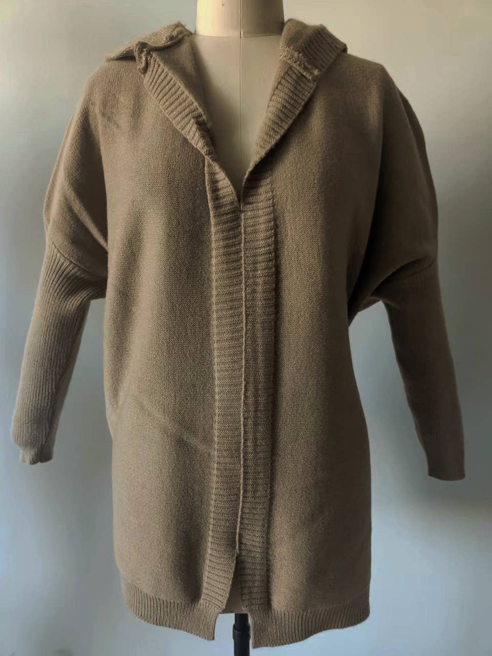 Plain exposed seam Hooded knit long cardigan coat