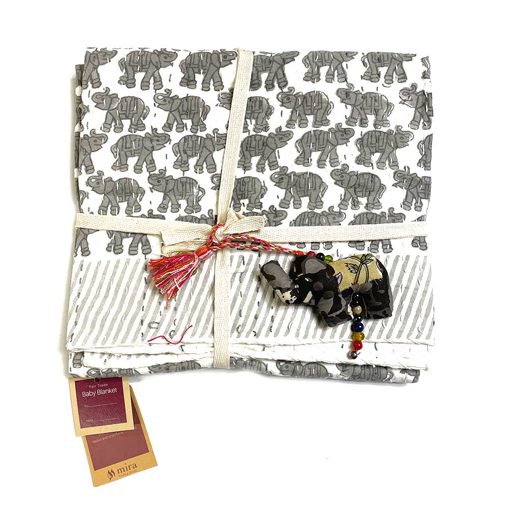Block Printed Kantha Baby Blanket - Elephant Print