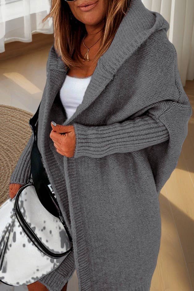 Plain exposed seam Hooded knit long cardigan coat