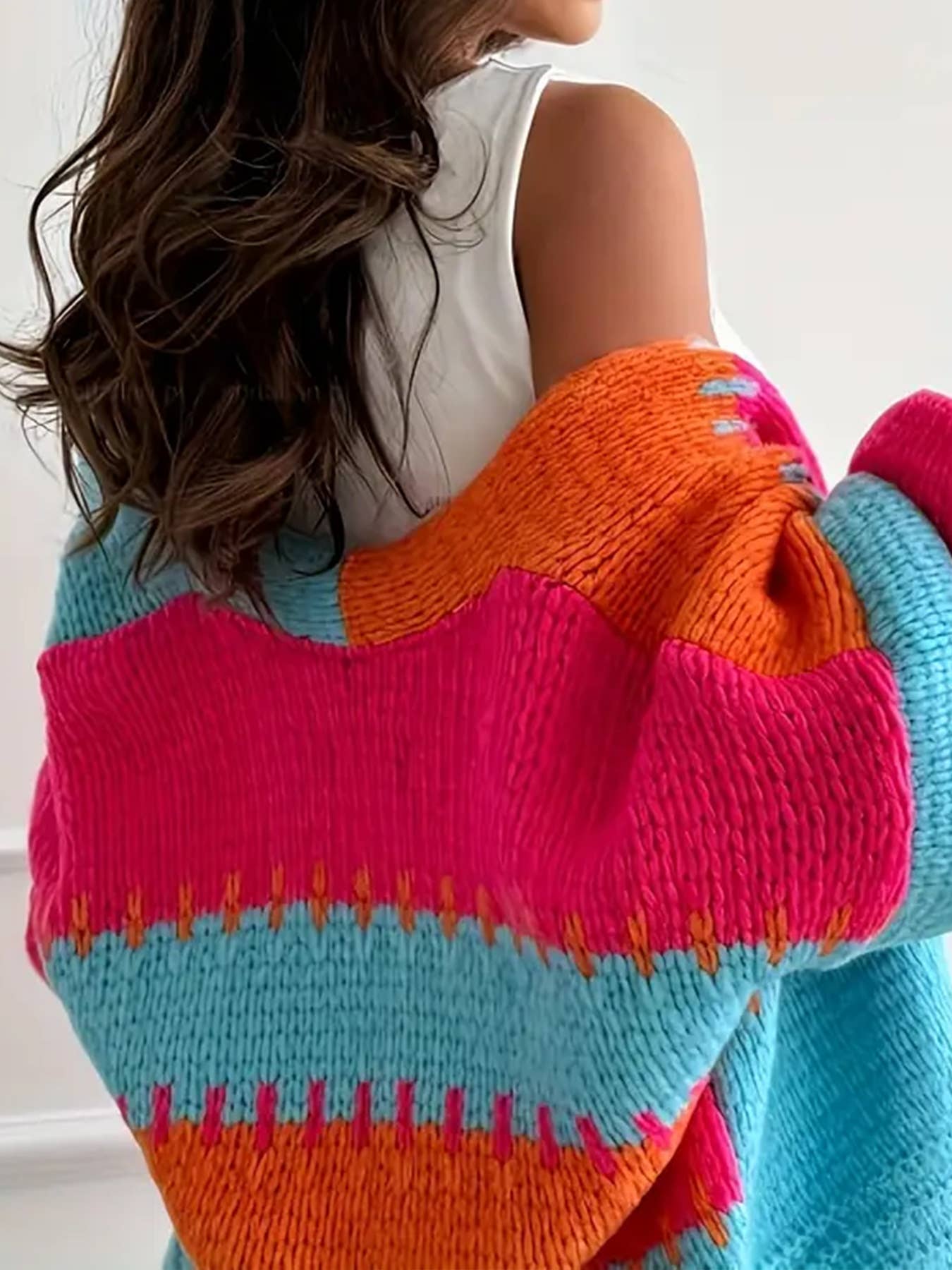 Colorblock Knit Cardigan Cozy Long Sleeve Open Jacket