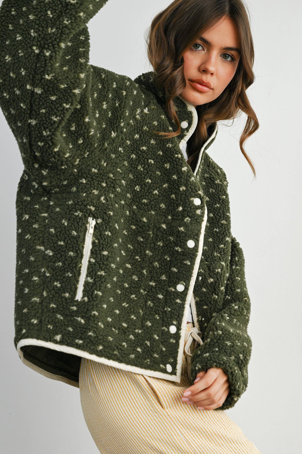 The Fern Dot Sherpa Fleece Snap Jacket-BMJ7831