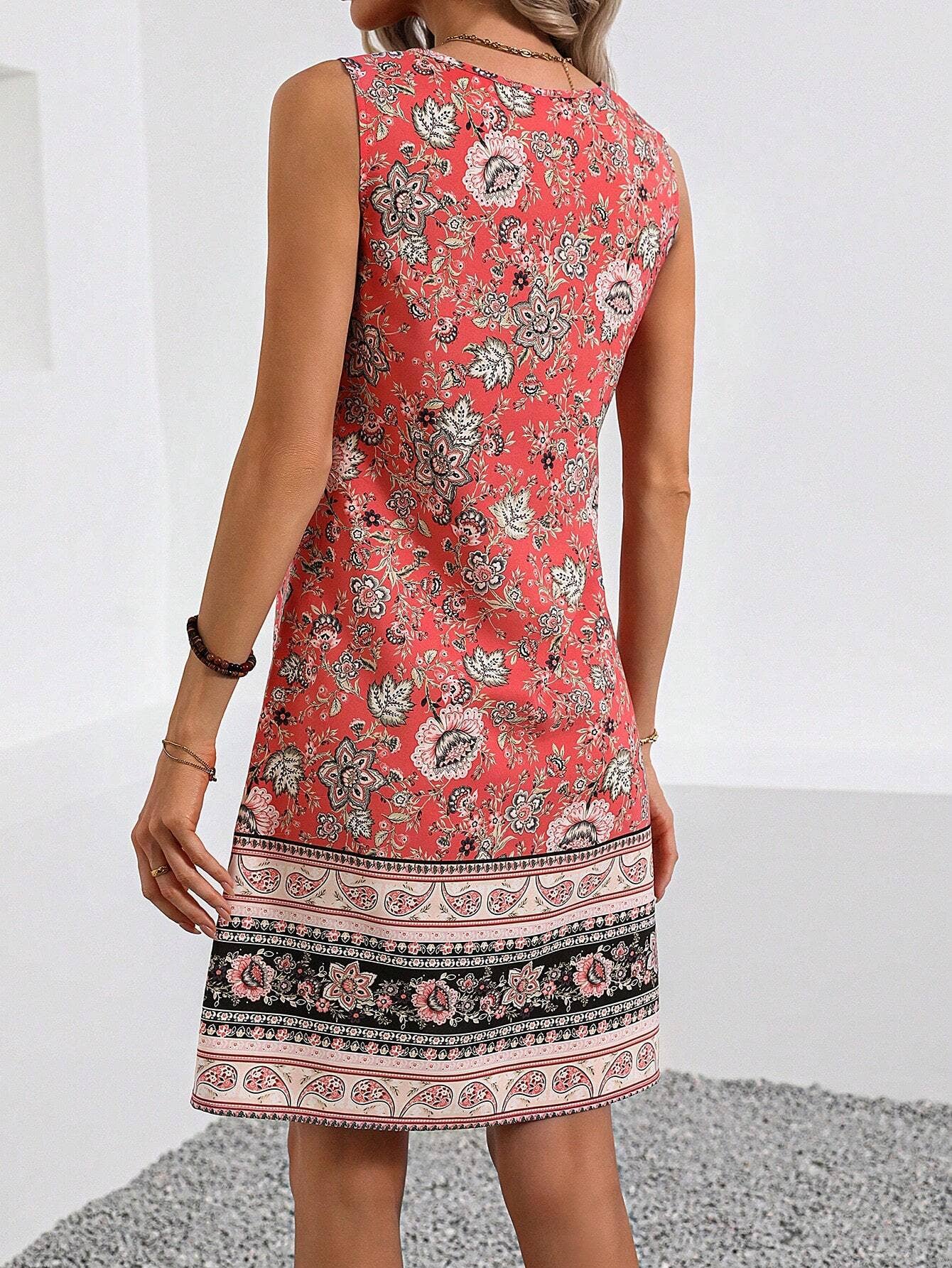 Elegant U-Neck Print Sleeveless Dress
