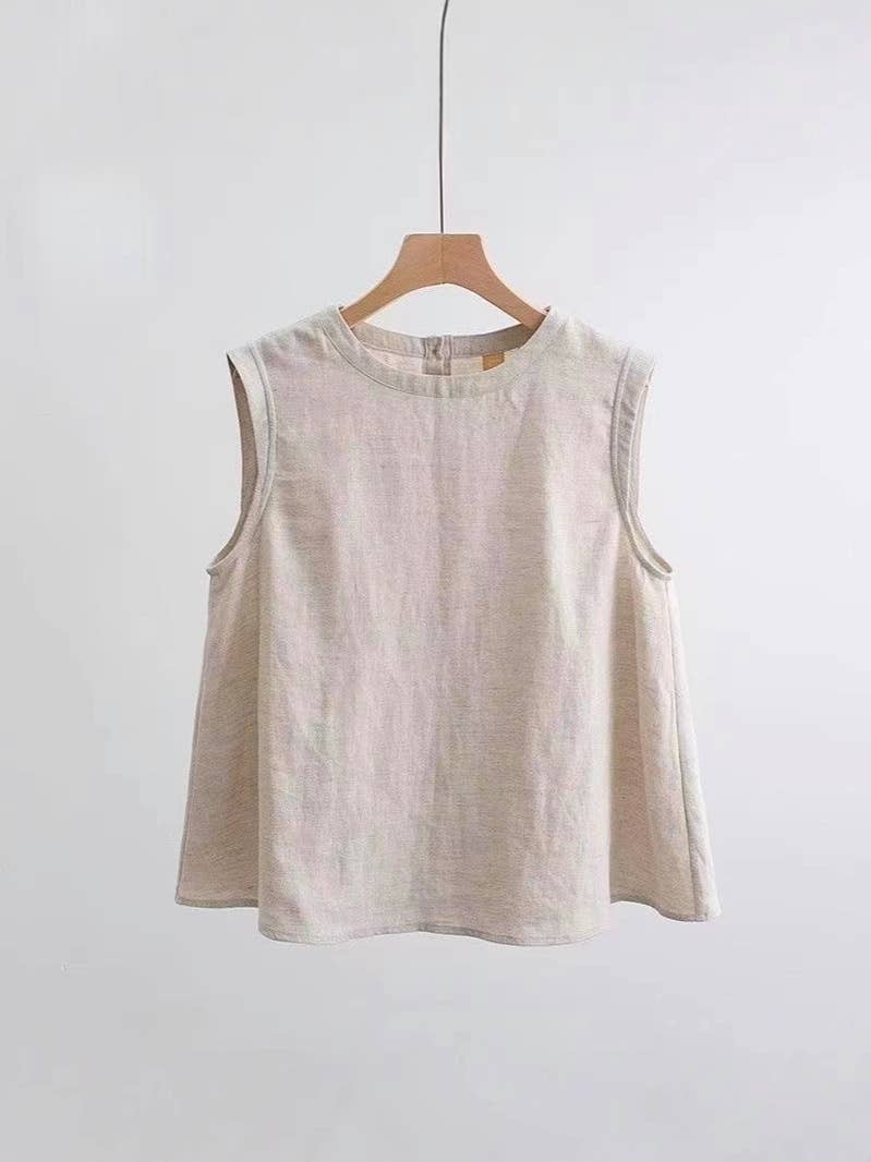 Lightweight Airy Cotton Linen Effect Boxy Crewneck Tank Top