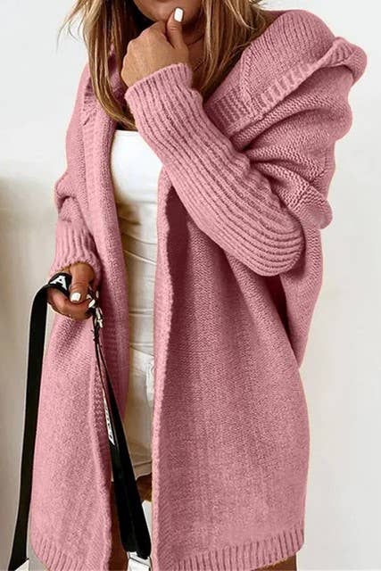 Plain exposed seam Hooded knit long cardigan coat
