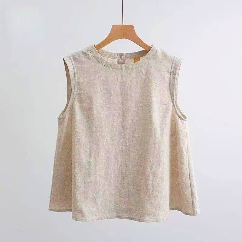 Lightweight Airy Cotton Linen Effect Boxy Crewneck Tank Top