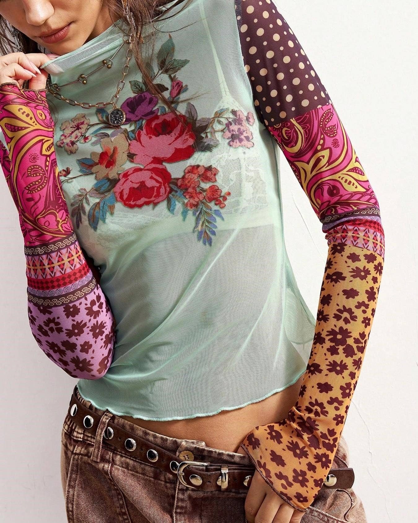 Bohemian Colorblock Floral Print Mesh Sexy Blouse