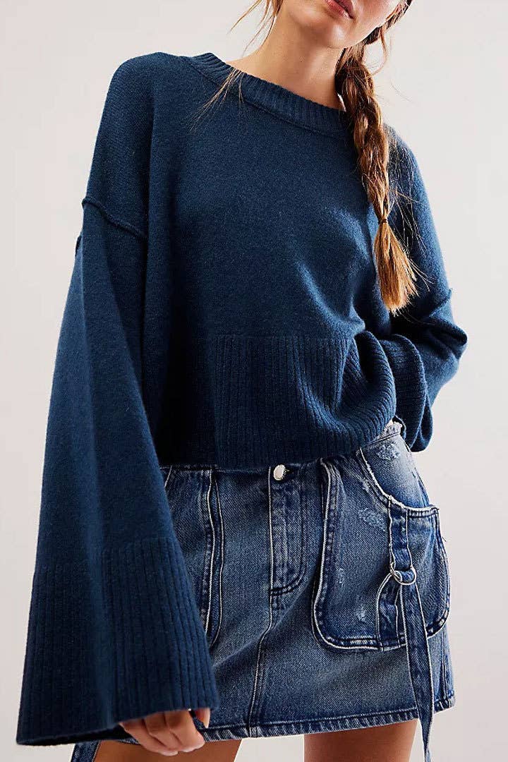Slouchy plain flare sleeve knit sweater jumper