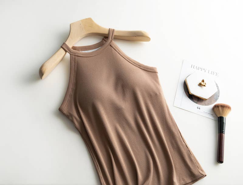 Regular basic halter neck shelf bra rib tank top