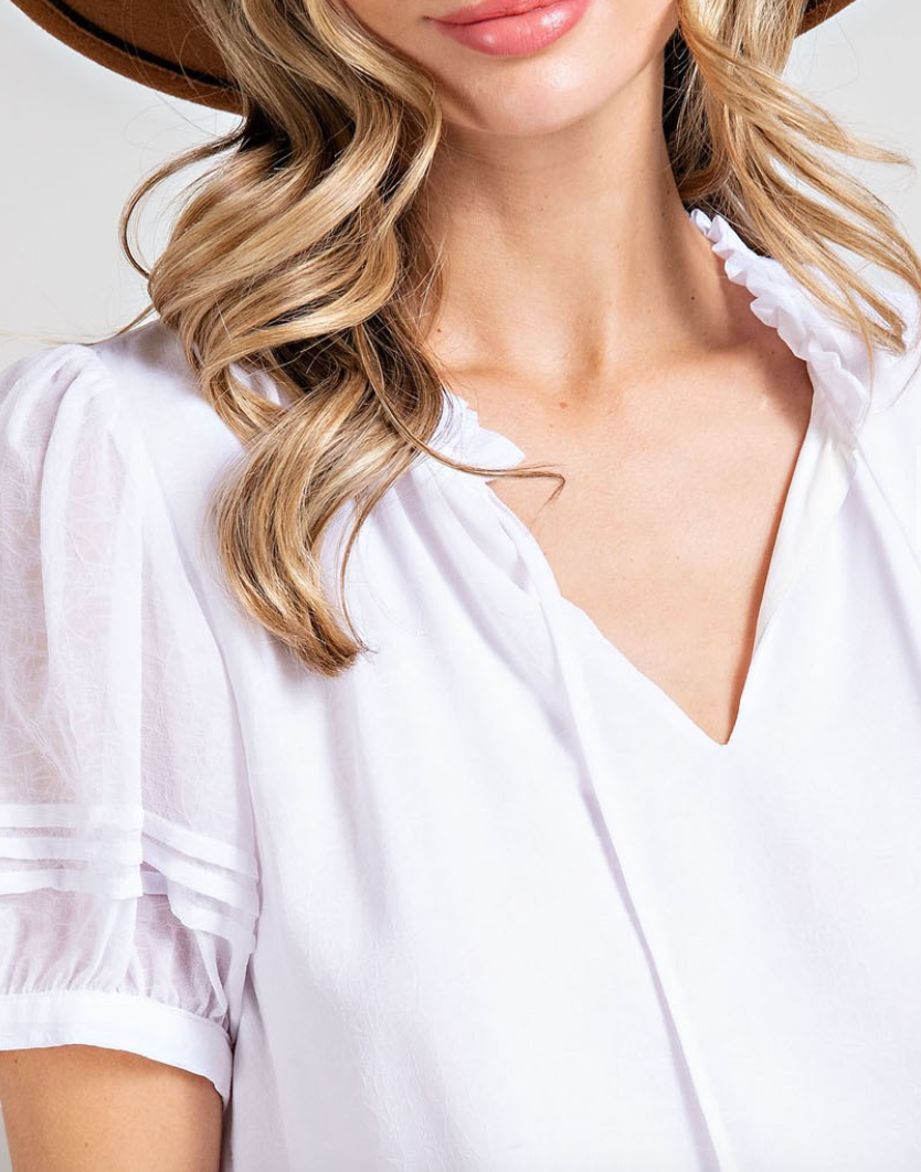 Short Sleeze White Ruffle Blouse