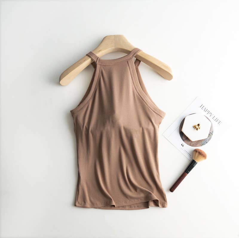 Regular basic halter neck shelf bra rib tank top