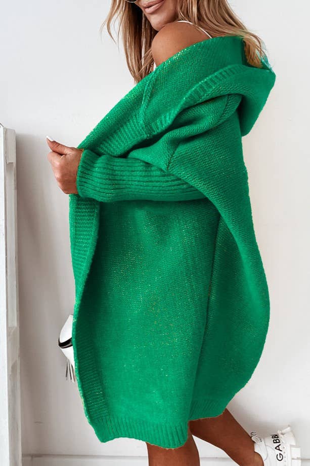 Plain exposed seam Hooded knit long cardigan coat