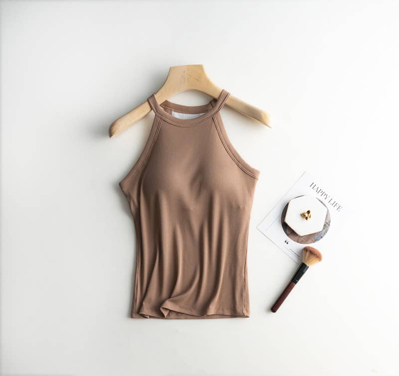 Regular basic halter neck shelf bra rib tank top