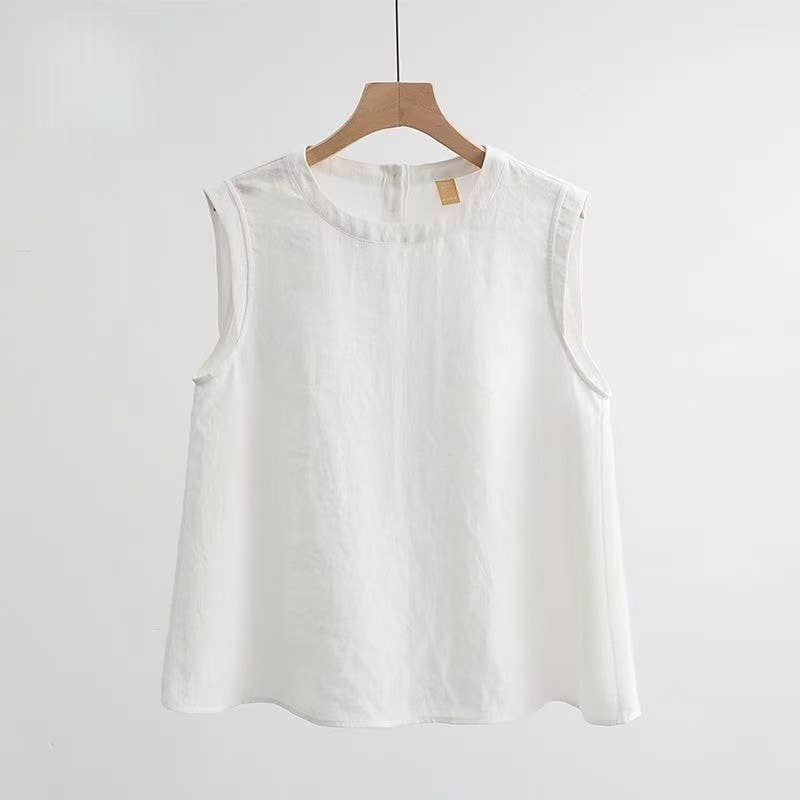 Lightweight Airy Cotton Linen Effect Boxy Crewneck Tank Top