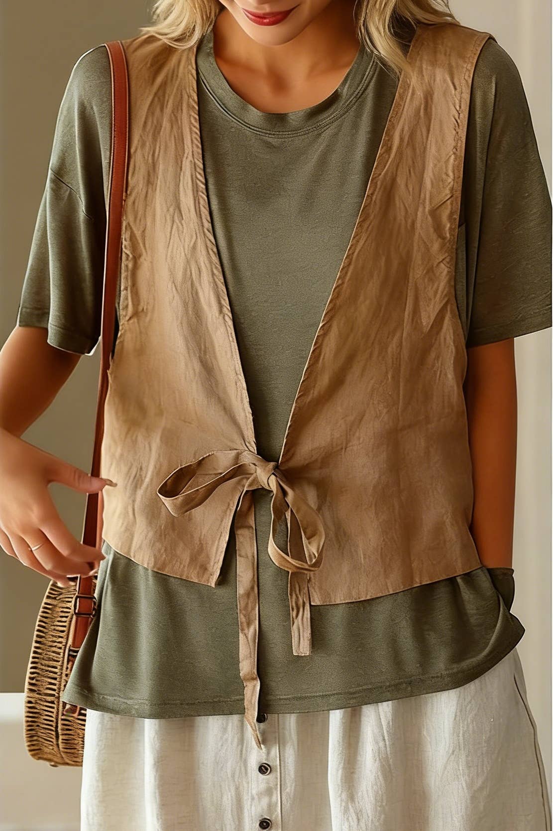 Lightweight cotton blend tie-front cardigan vest