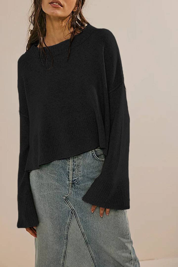 Slouchy plain flare sleeve knit sweater jumper