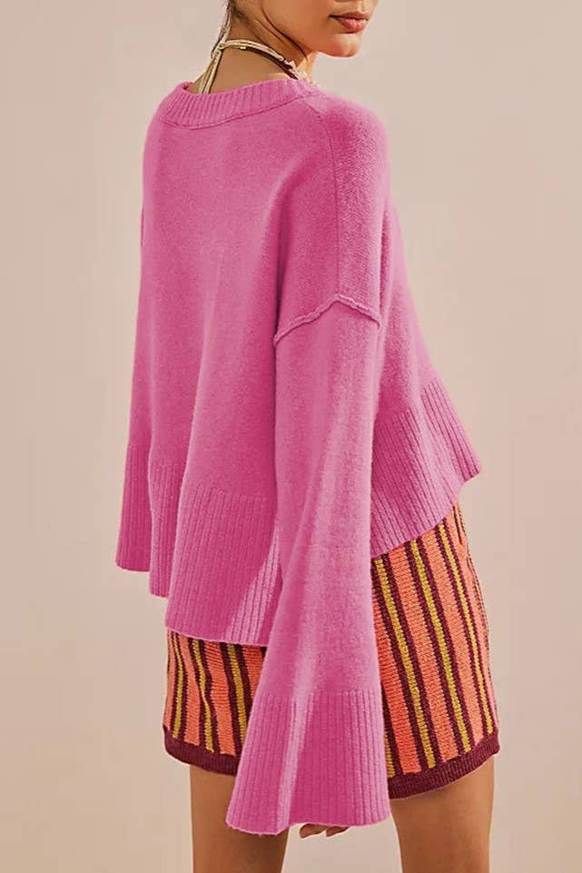 Slouchy plain flare sleeve knit sweater jumper