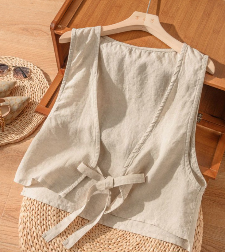 Lightweight cotton blend tie-front cardigan vest