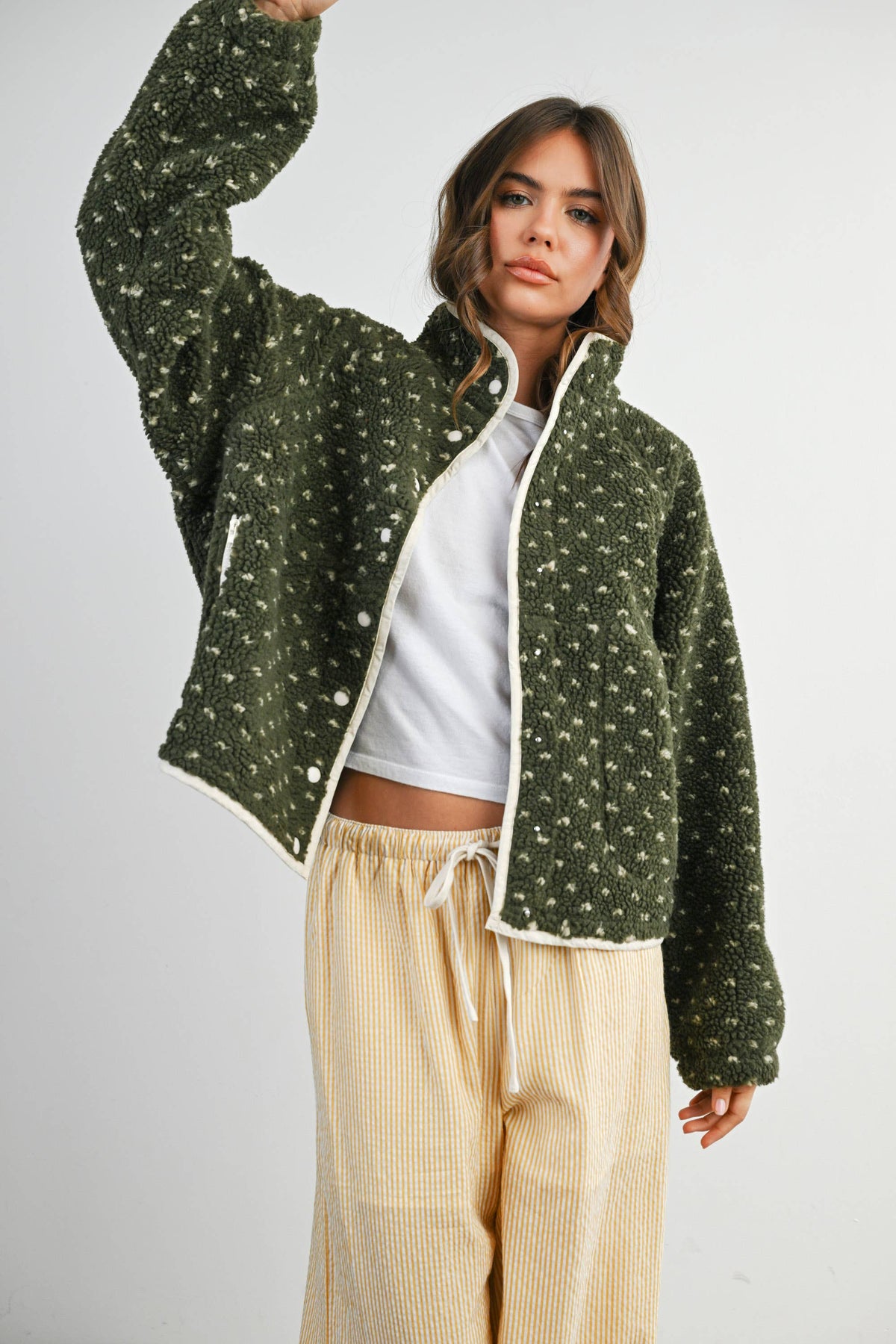 The Fern Dot Sherpa Fleece Snap Jacket-BMJ7831