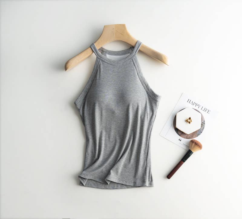 Regular basic halter neck shelf bra rib tank top