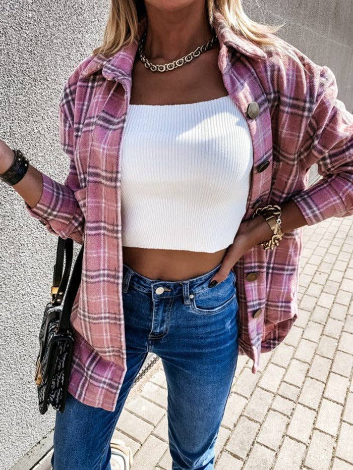 Plaid Wool Blend Shirt Jacket - Oversized Button Down Coat